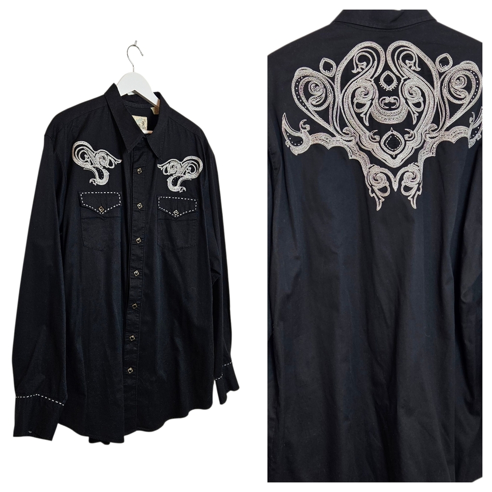 Vintage Roper Western Shirt 2XL Embroidered Pearl Snap Cowboy Rockabilly Black